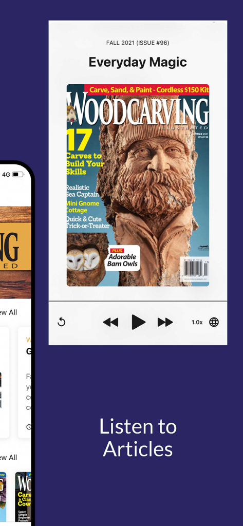 Woodcarving Illustrated - Woodcarving Illustrated app interface for listening to magazine articles