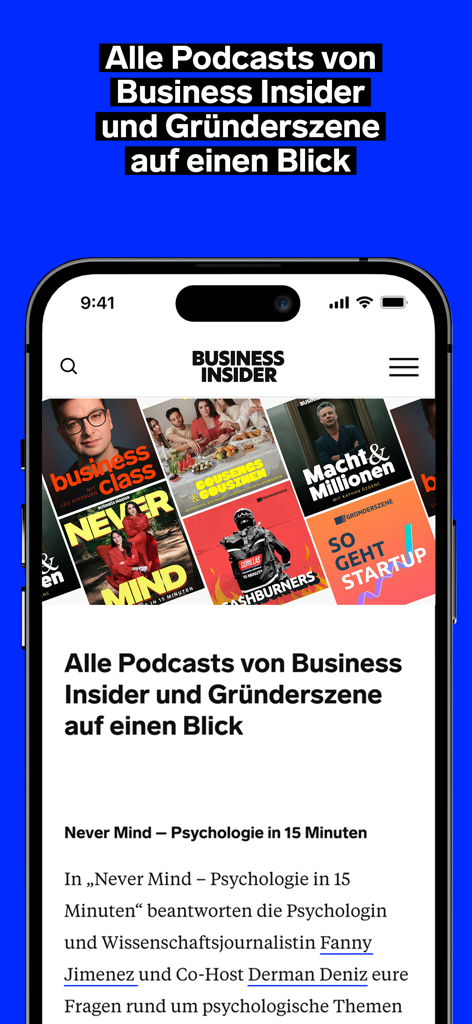 Business Insider Deutschland - Smartphone-Bildschirm, der den Podcast-Bereich der Business Insider Deutschland App mit verschiedenen Show-Thumbnails zeigt