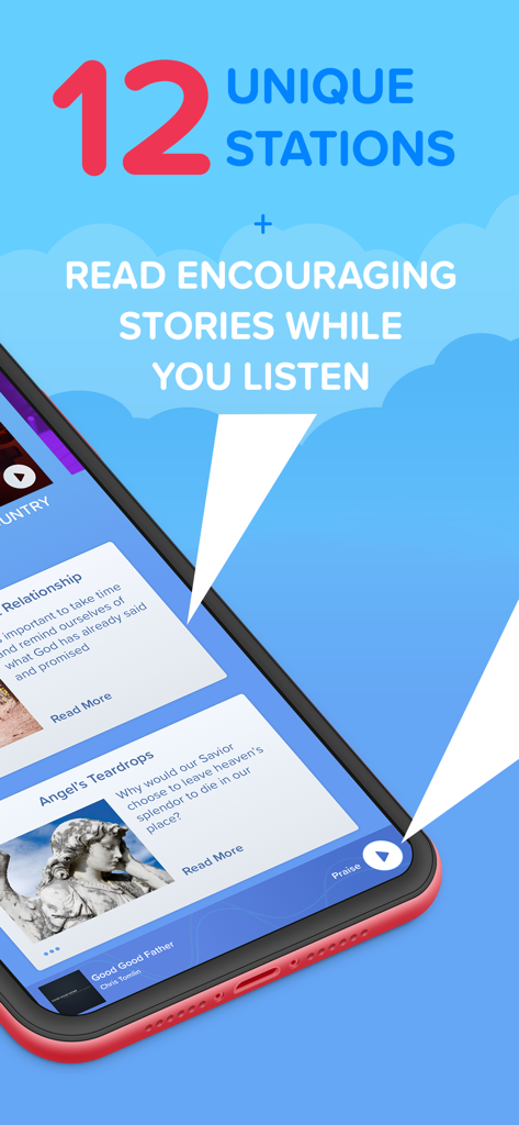 CBN Radio - Christian Music - CBN Radio app interface showing 12 unique stations and encouraging stories feature