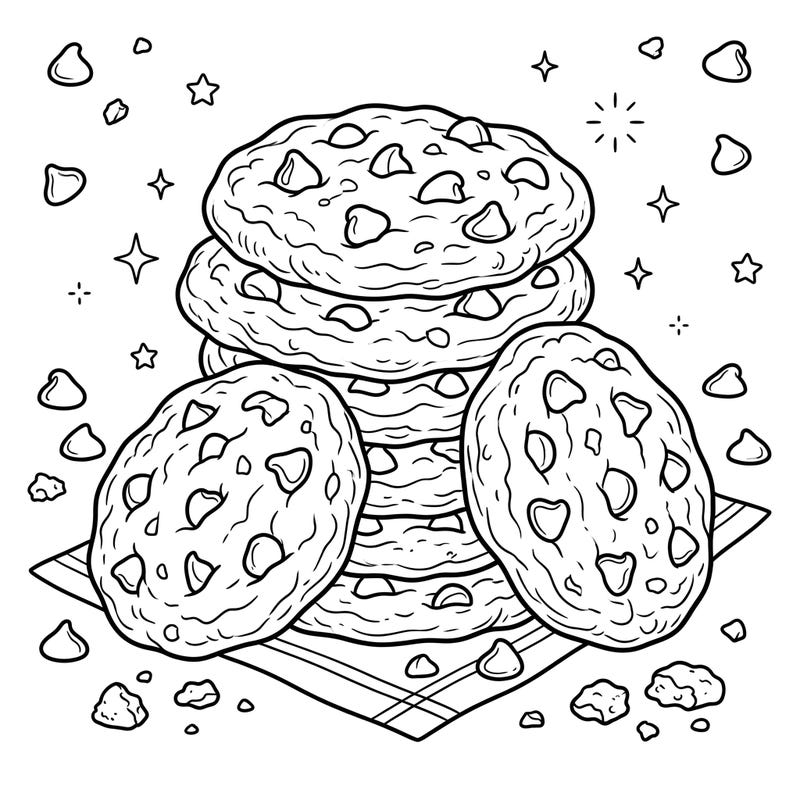 Sink your teeth into this delightful chocolate chip cookies coloring page, featuring a tempting stack of treats. Perfect for all ages, it promises a sweet and satisfying coloring experience.