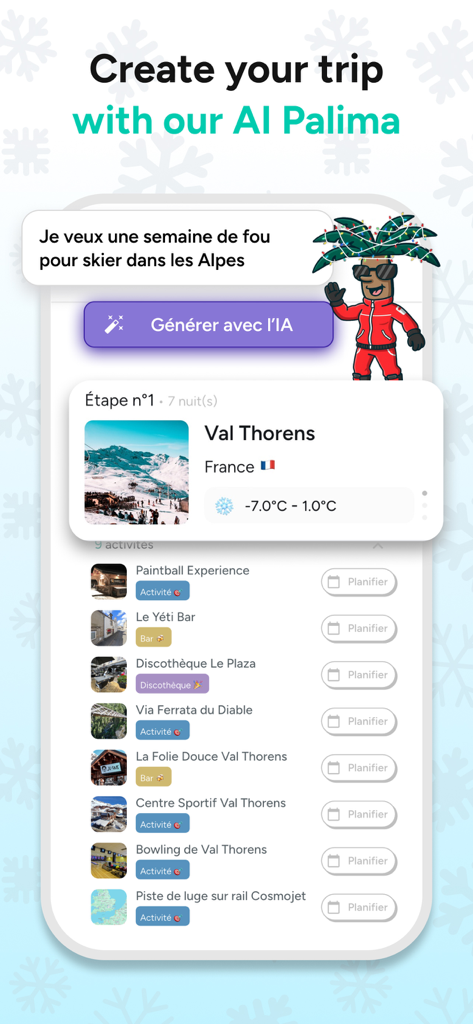 SmarTrips app interface showing an AI generated travel itinerary for a ski trip with activities and weather information