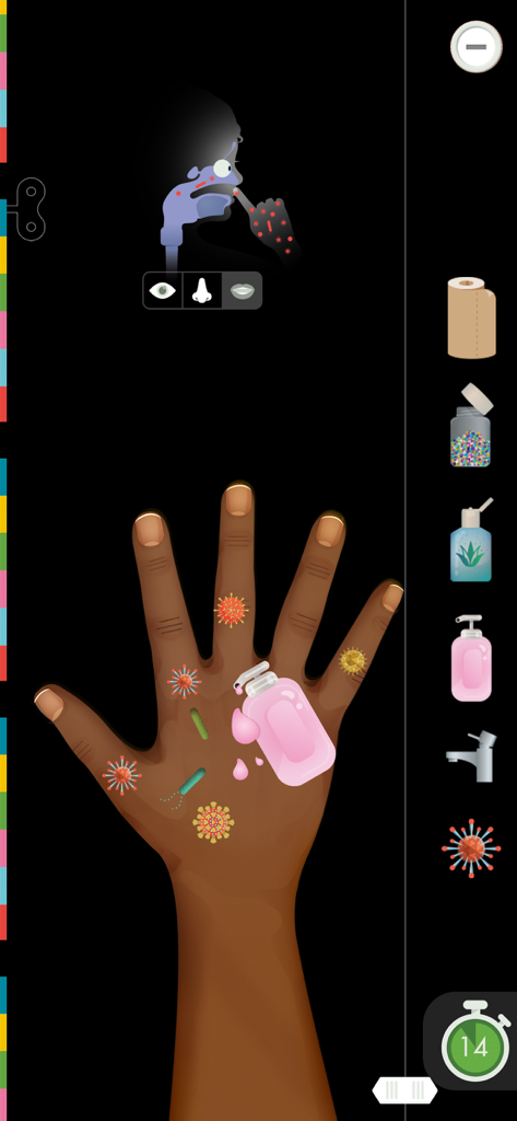 Interactive learning screen showing germs on a hand and soap application