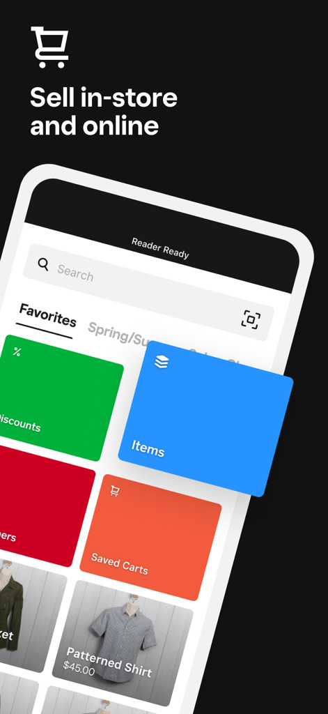 Square: Retail Point of Sale - Benutzeroberfläche der Square Retail POS-App mit Omnichannel-Verkaufsoptionen und Bestands-Kacheln.