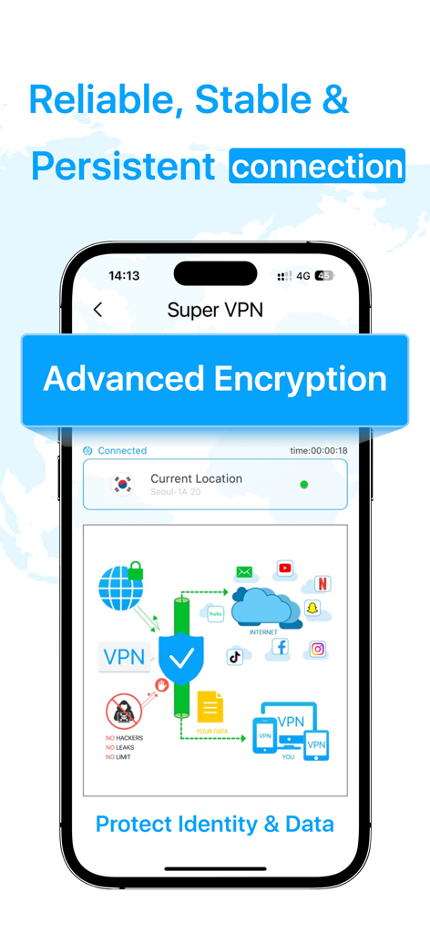 A smartphone screen displaying Super VPN app with features like advanced encryption and data protection illustration.