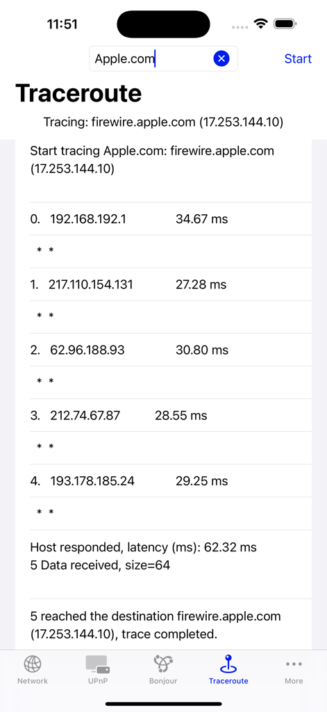 NetTools Pro App-Oberfläche mit Traceroute-Ergebnissen, Netzwerk-Hops und Antwortzeiten