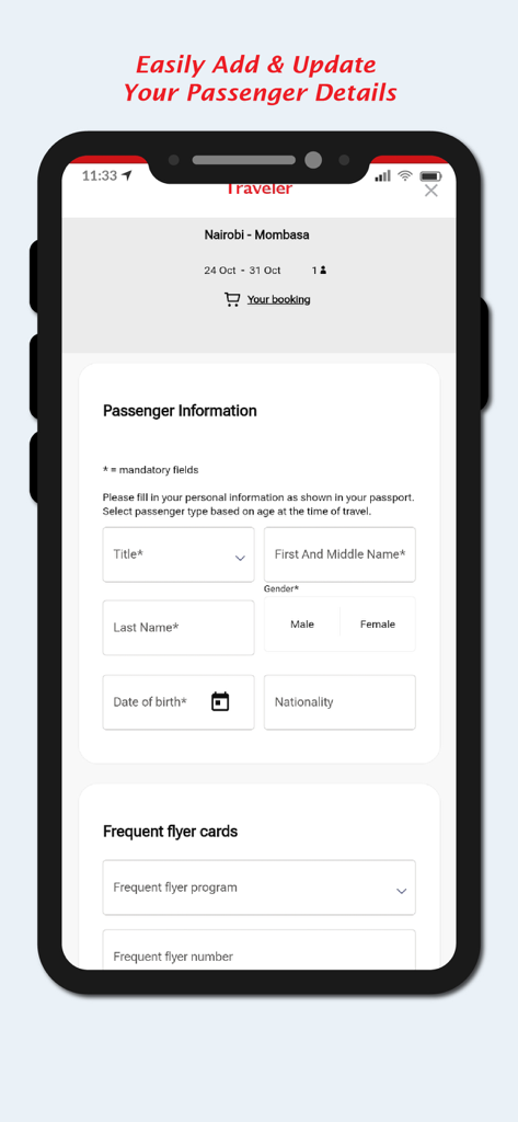 Kenya Airways - Kenya Airways app screen for entering passenger details and frequent flyer information