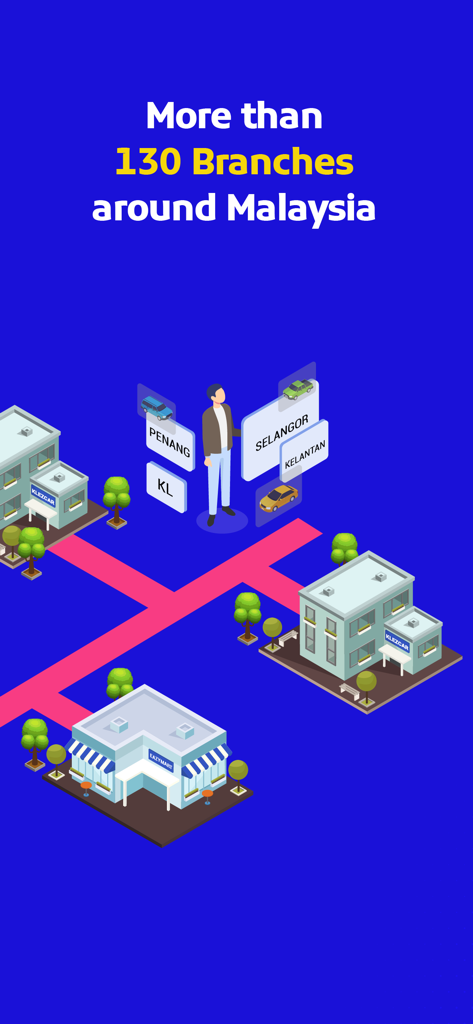 말레이시아 전역의 렌터카 지점 위치를 보여주는 아이소메트릭 일러스트레이션