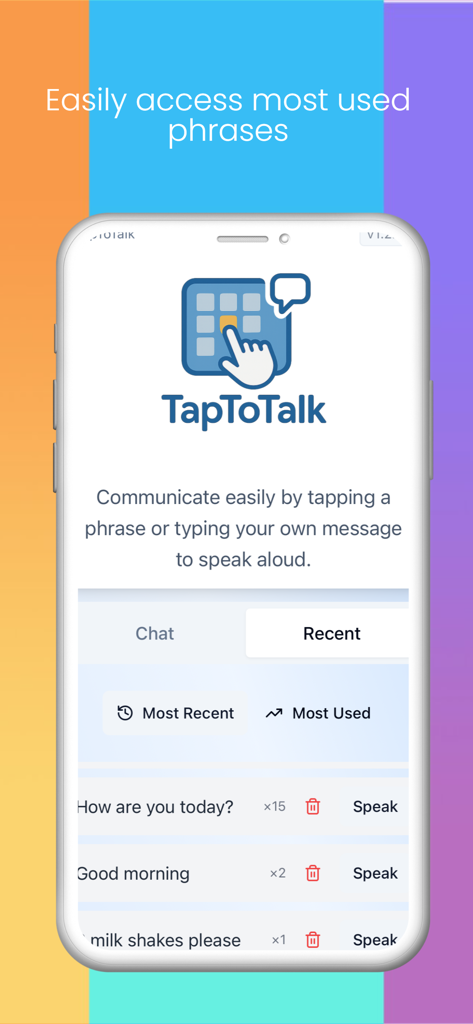 TapToTalk - TapToTalk app interface showing a list of frequently used communication phrases with speak buttons