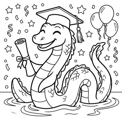 Dive into fun with this unique Ogopogo graduation coloring page, perfect for celebrating achievements! Kids will love bringing this happy lake monster, complete with a cap and diploma, to life with their favorite colors.