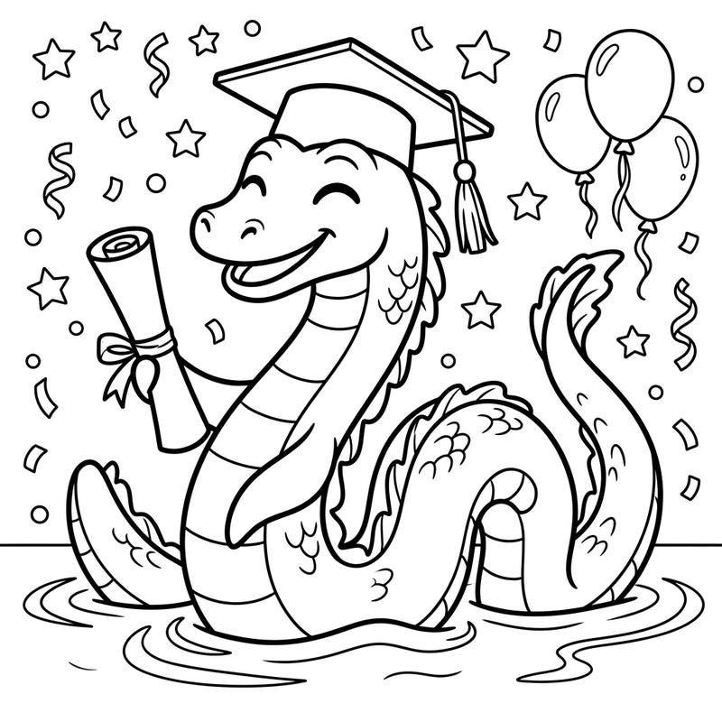 Dive into fun with this unique Ogopogo graduation coloring page, perfect for celebrating achievements! Kids will love bringing this happy lake monster, complete with a cap and diploma, to life with their favorite colors.