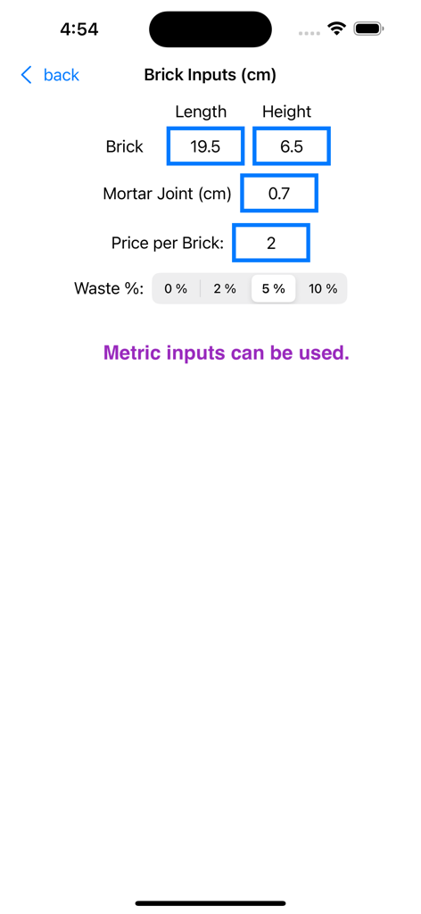 Mobile app screen for entering brick dimensions mortar joints and cost estimates in metric units