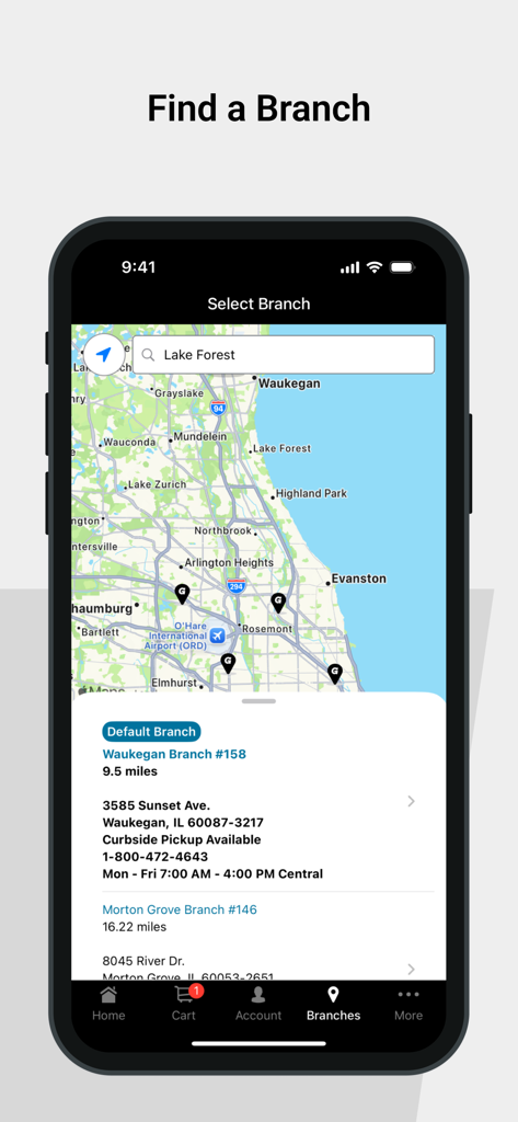 Grainger app interface showing a map of branch locations and store details
