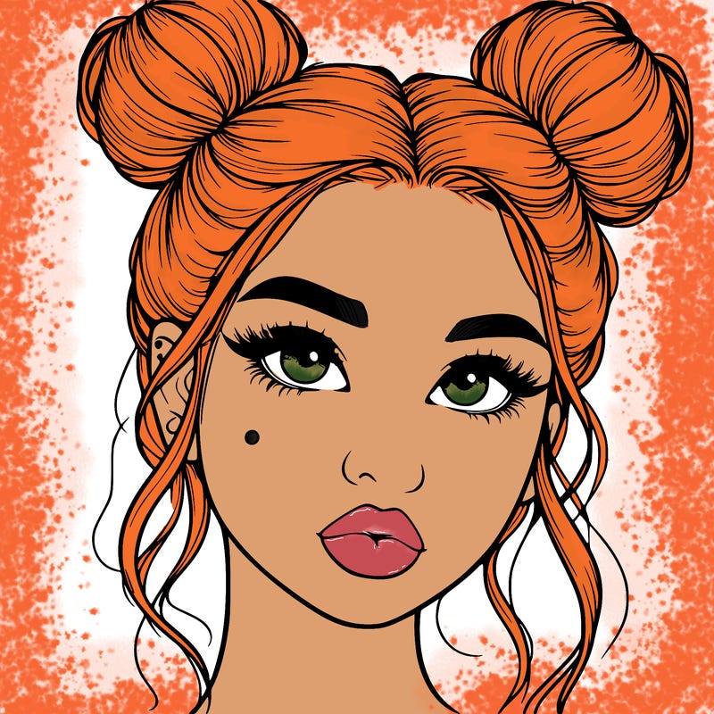 realistic girl with two buns on her hair and lips