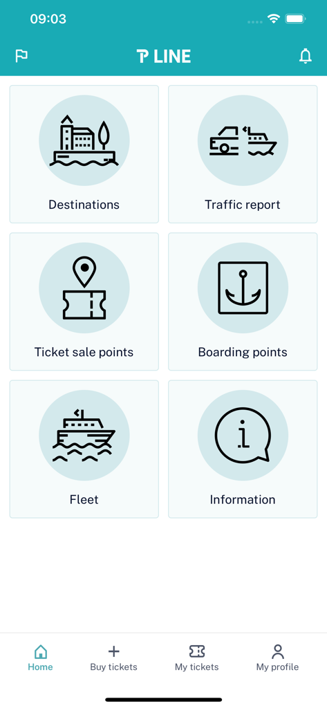 Tableau de bord principal de l'application de voyage TP Line montrant les catégories de services de ferry et le menu de navigation
