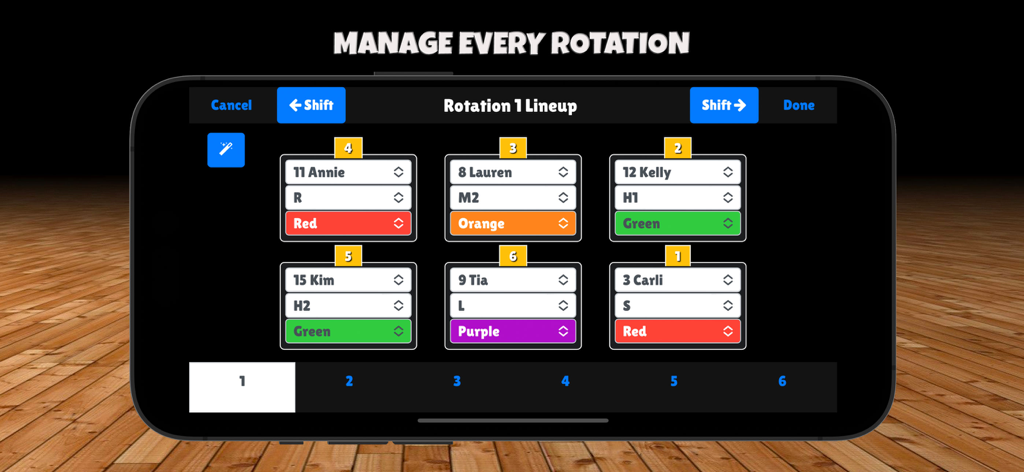 Interface of the Volleyball Rotations app showing a team lineup with player names and positions