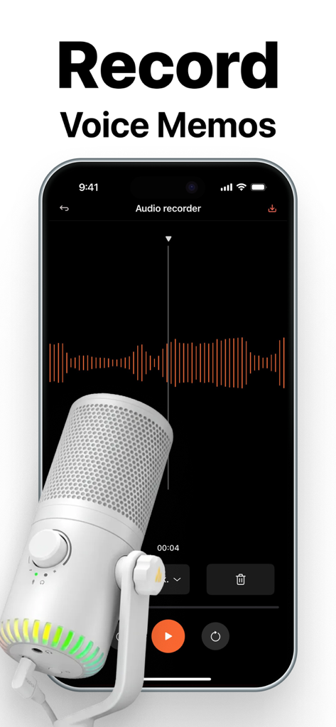 Smartphone displaying an audio recording interface with a sound waveform and a professional microphone overlay.