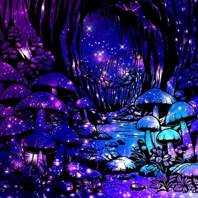 realistic cave full of beautiful mushrooms