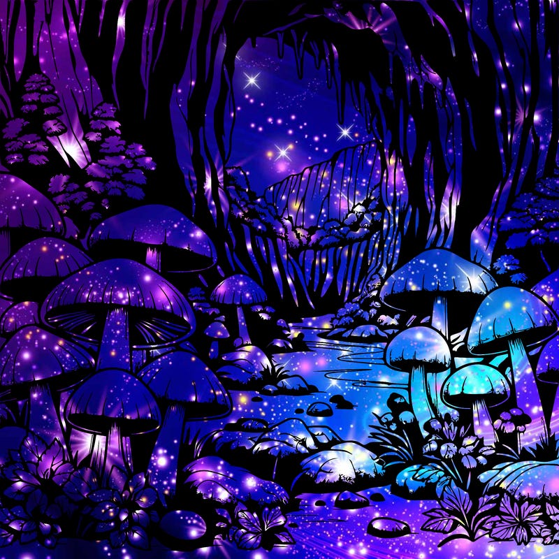 realistic cave full of beautiful mushrooms