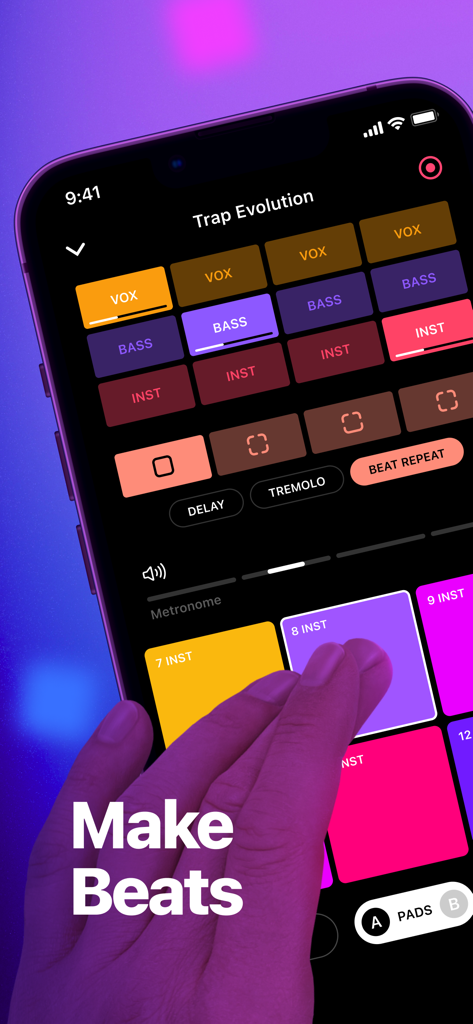 Drum Pad FX - Beat Maker & DJ - Person benutzt die Drum Pad FX App, um Trap-Musik mit bunten Pads und Effekten zu erstellen