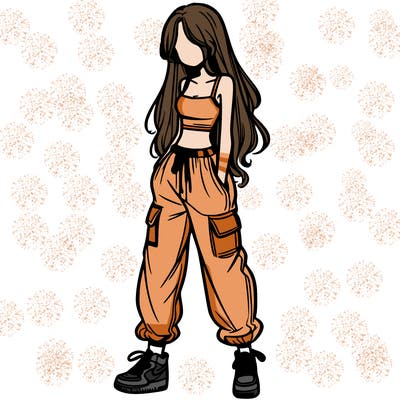girl in baggy pants crop top and long hair