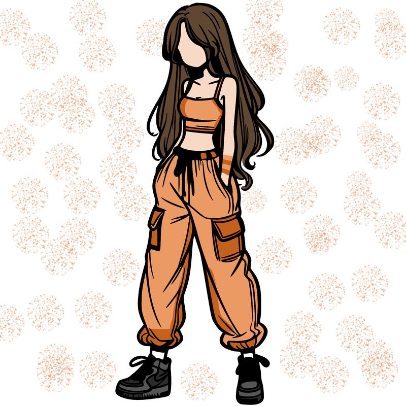 girl in baggy pants crop top and long hair