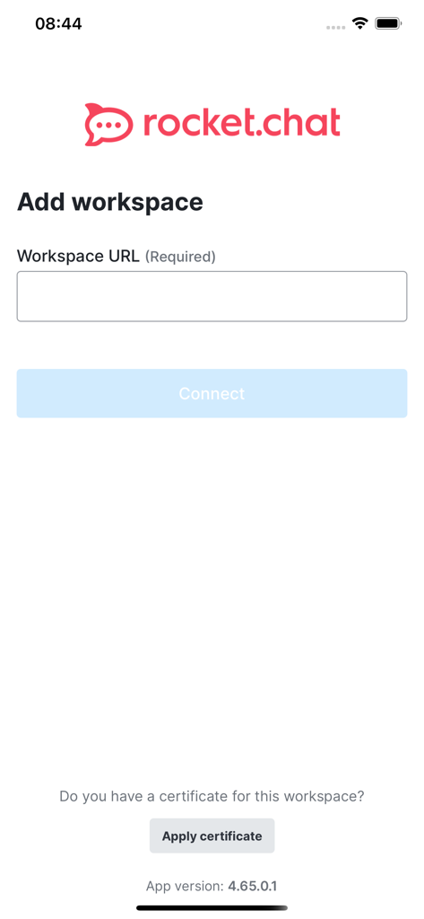 Rocket.Chat mobile app screen for entering a private workspace URL to connect to a self-hosted server.