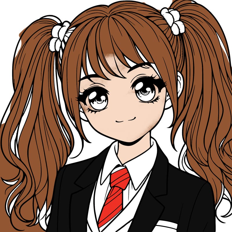 realistic girl with two ponytails and a suit on