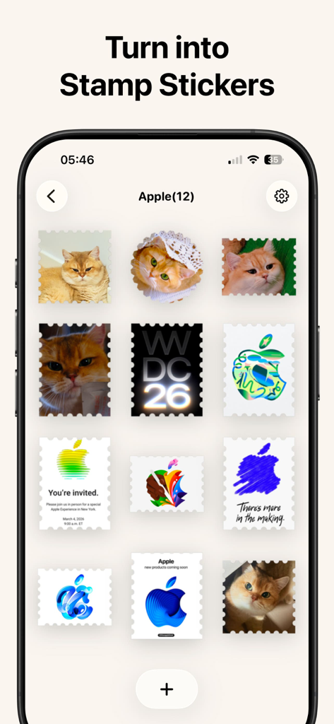 Stampie - Photo Stamps - Stampie app screen displaying a grid of custom photo stamps with perforated edges