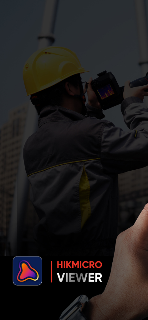 An industrial professional using a thermal camera with the HIKMICRO Viewer app branding