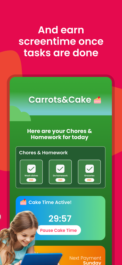 Interface do aplicativo Carrots and Cake mostrando tarefas concluídas desbloqueando tempo de tela e recompensas Robux para crianças