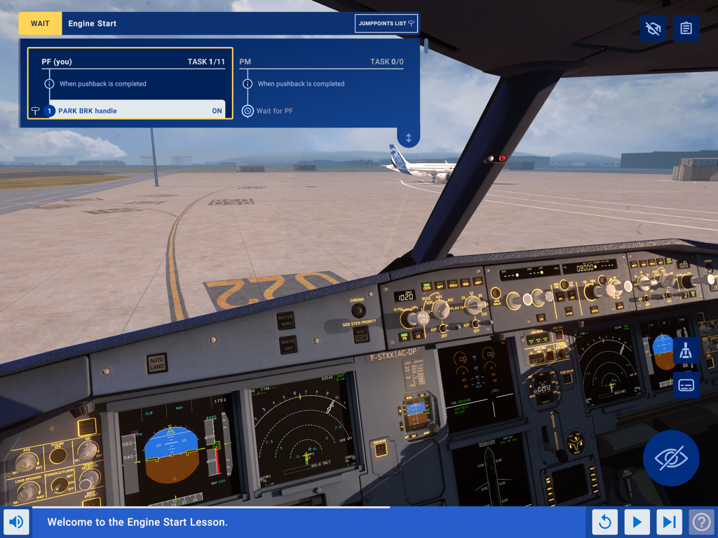 Interfaz de cabina del Entrenador de Procedimientos Virtuales de Airbus que muestra una lección de arranque de motor para pilotos