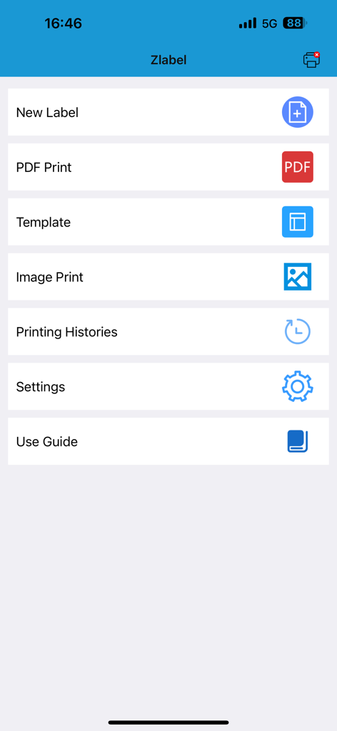 Pantalla de inicio de la aplicación Zlabel con opciones para imprimir PDF e imprimir imágenes