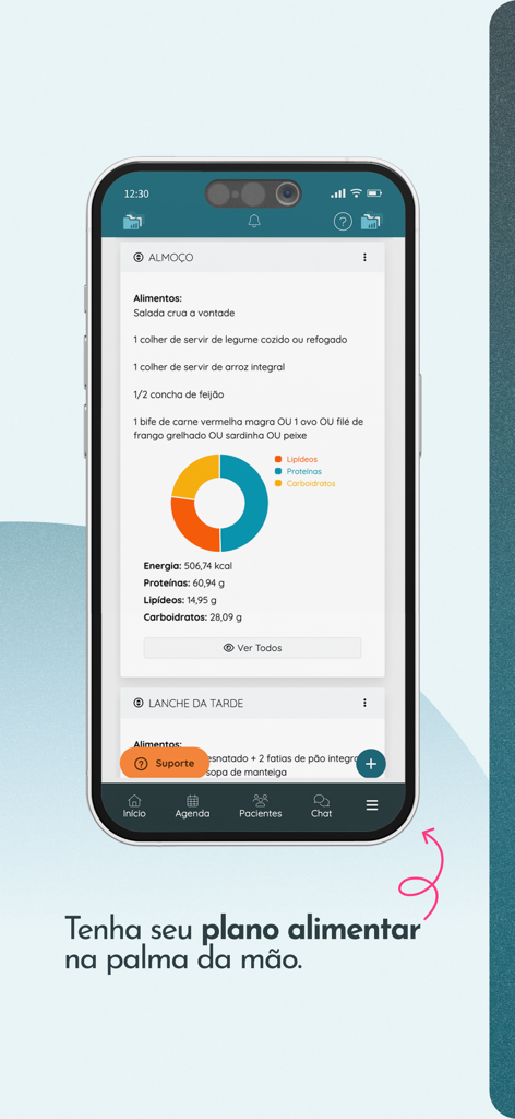 Eine mobile Oberfläche, die einen detaillierten Ernährungsplan mit einem bunten Tortendiagramm der Makronährstoffe zeigt.