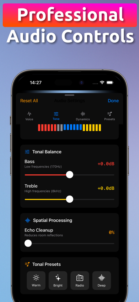 Microphone app Bluetooth Live - Interface of the MicBT app displaying professional audio controls for tonal balance, spatial processing, and voice presets