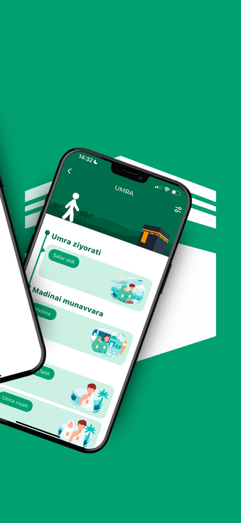 Ҳаж ва умра - Hajj and Umrah mobile app screen showing a step-by-step Umrah pilgrimage guide in Uzbek