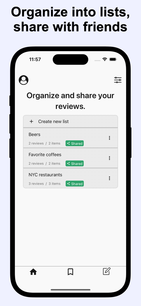 Memolli: all your reviews - Memolli app interface showing organized review lists for beers coffees and restaurants with a shared status tag