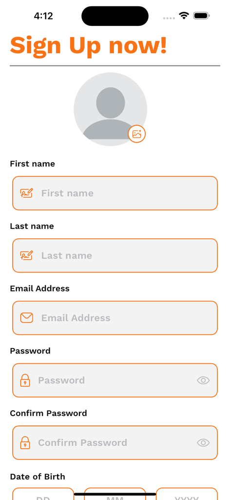 Formulario de registro para la aplicación Fort Fitness Gym mostrando campos de nombre, correo electrónico y contraseña.