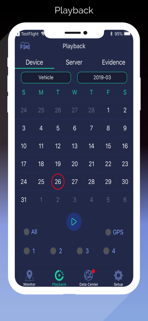 Screenshot der iCAM Fleet Mobile App, der den Kalenderschnittstelle zur Videowiedergabe zur Auswahl historischer Flottendaten anzeigt