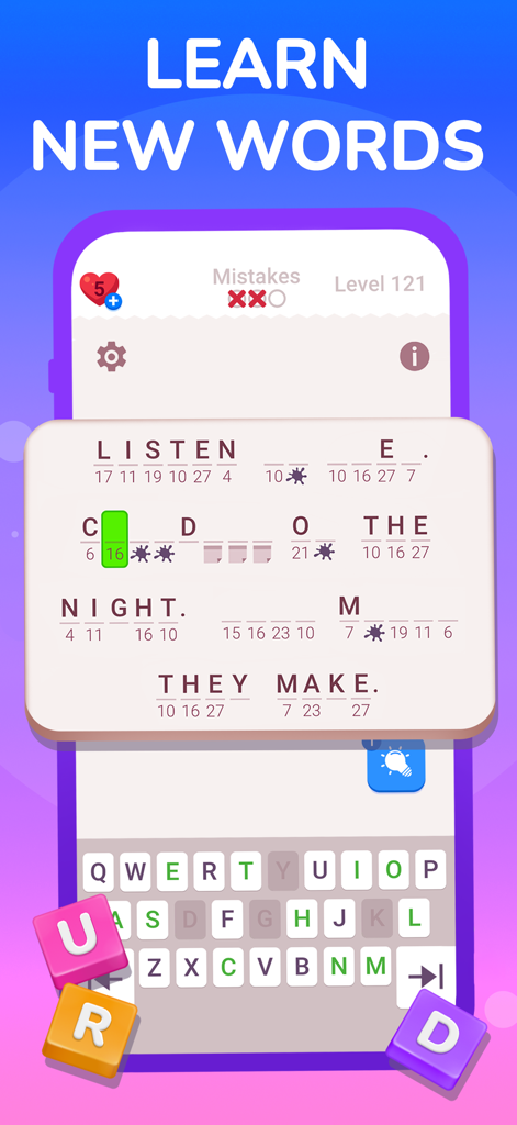 Cryptogram: Word Brain Puzzle - Interfaz de la aplicación móvil Cryptogram que muestra un puzzle de descifrado de palabras con un teclado para aprender nuevas palabras