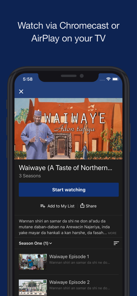 AREWA24 ON DEMAND app interface showing Hausa language content and TV casting options via Chromecast or AirPlay