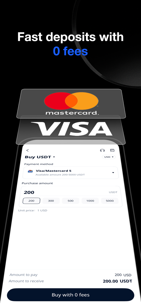BTCC app interface showing the option to buy USDT with zero fees using Visa or Mastercard