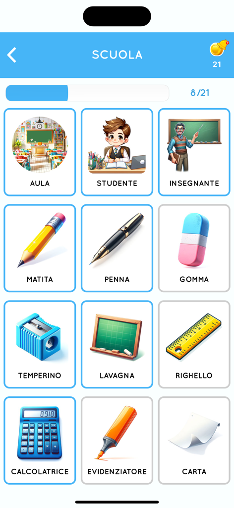 Learn Italian beginners - Italian school vocabulary interface featuring illustrated flashcards for items like pencil pen and eraser