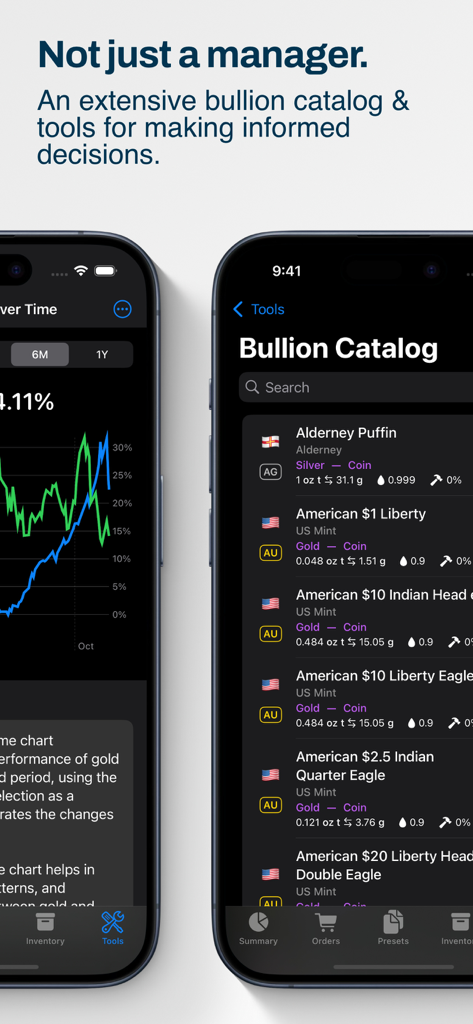 Precious Metals Manager - Two mobile screens showing a detailed bullion catalog with various gold and silver coins and a performance chart for precious metals tracking.