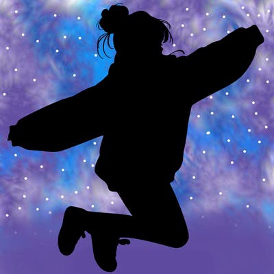 realistic girl jumping with a bun and oversized sweatshirt