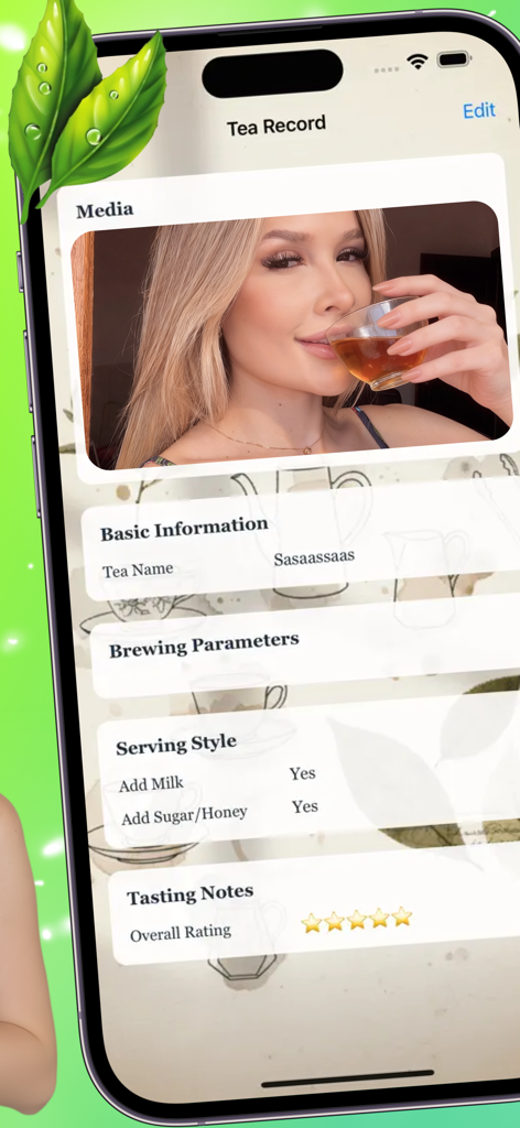 Temon - A digital tea tasting record in the Temon app showing a media photo, serving style, and a five-star rating.