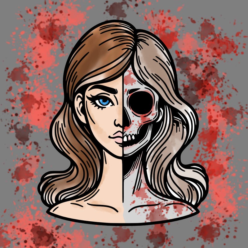 bust of a woman, half face and hair, half skull