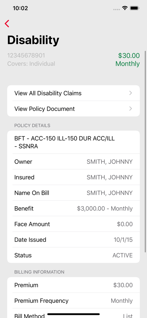 Screen showing disability insurance policy details with monthly benefit and premium amounts in the AFmobile app.