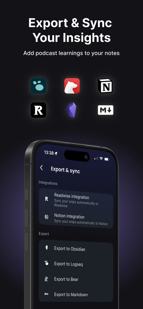 Snipd | AI Podcast Player - Snipd mobile app screen displaying export and sync options to productivity tools like Notion and Obsidian