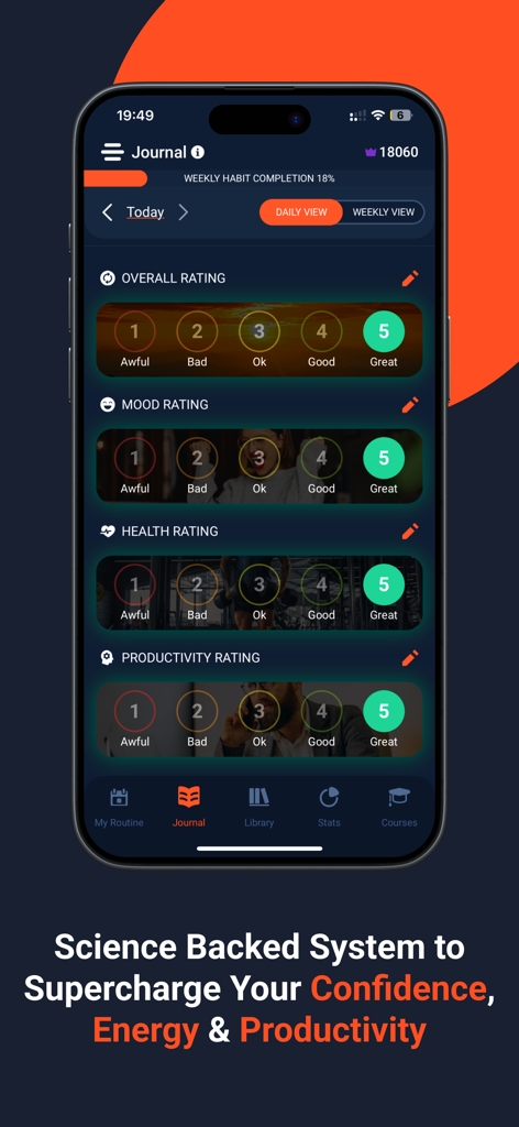Ultiself App Journal-Oberfläche zeigt tägliche Bewertungen für Stimmung, Gesundheit und Produktivität