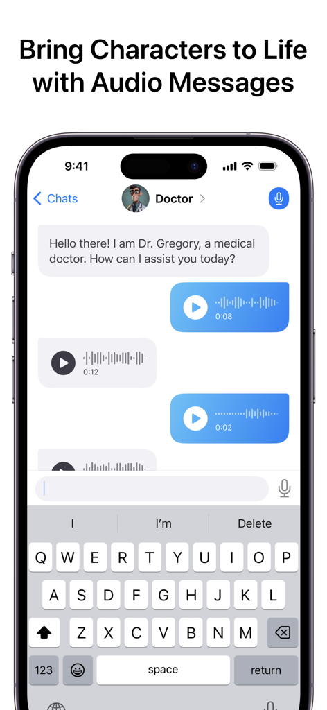 Interface de l'application Superchat montrant un personnage IA médecin répondant avec des messages audio.